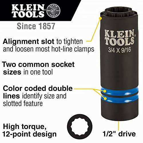 Klein Tools 66031 3-in-1 Slotted Impact Socket 1/2-Inch Drive 3/4 and 9/16-Inch Hex Sizes