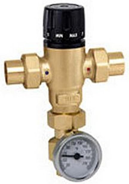 Caleffi 521519AC Mixing Valve Low-Lead Brass 3/4 Inch Sweat Thermostatic with Checks and Temperature Gauge ASSE 1017