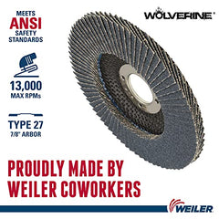 Weiler 31404 Wolverine 4-1/2 x 7/8 Arbor Hole Abrasive Flap Disc 80 Grit Zirconia Alumina Flat Type 27 Phenolic Backing Standard Density Pack of 10