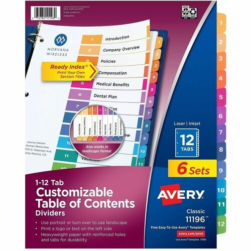 AVERY Avery AVE11196 Ready Index Dividers 1-12 Tabs Pack of 6