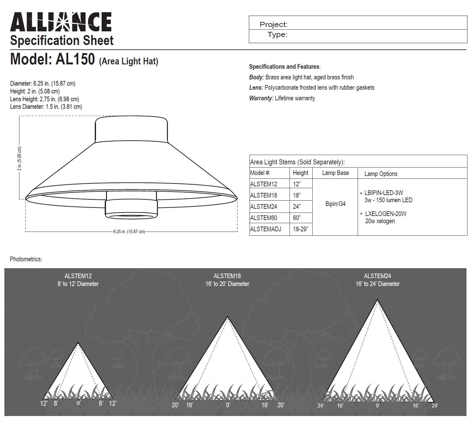 ALLIANCE Alliance AL150 Area & Path Light Hat 6.25 in