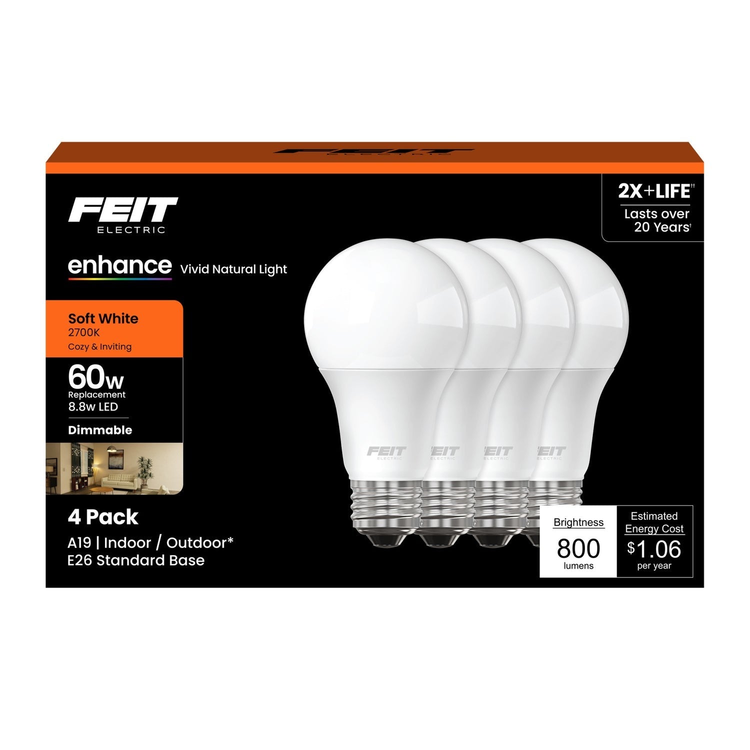 FEIT ELECTRIC Feit Electric OM60DM/927CA/4 A19 LED Bulb 8.8W (60W Equivalent / A19/E26) OM60DM/927CA/4