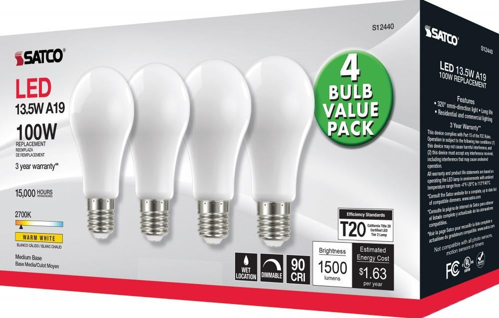 SATCO Satco S12440 A19 LED 13.5W (4-Pack) 100W Replacement