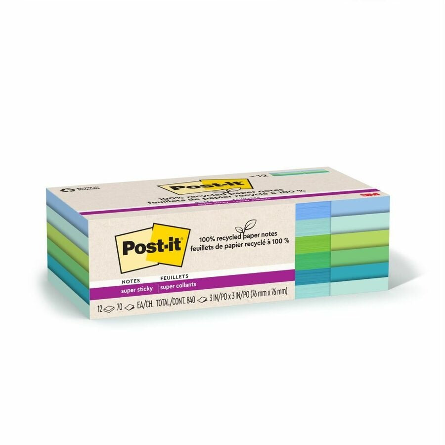 3M 3M MMM654R12SST Post-it Recycled Super Sticky Notes (3 x 3 / 70 Sheets / 12 Pack) 654R12SST