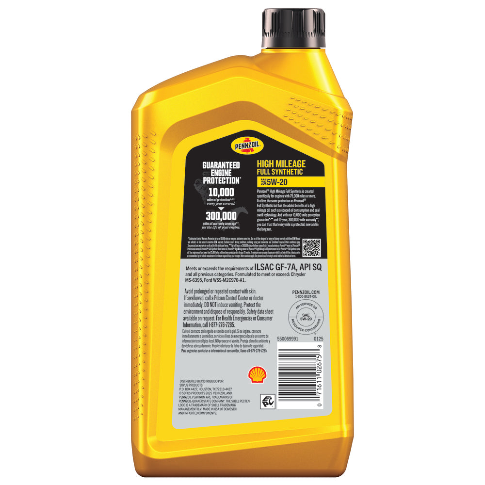 PENNZOIL Pennzoil 550069991 High mileage full synthetic motor oil 5W-20 (1 quart)