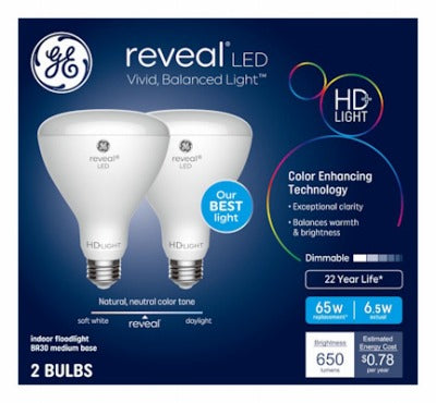 GE G E Lighting 93132027 BR30 Led Bulb 6.5W 650 Lumens 2950K 2 Pack