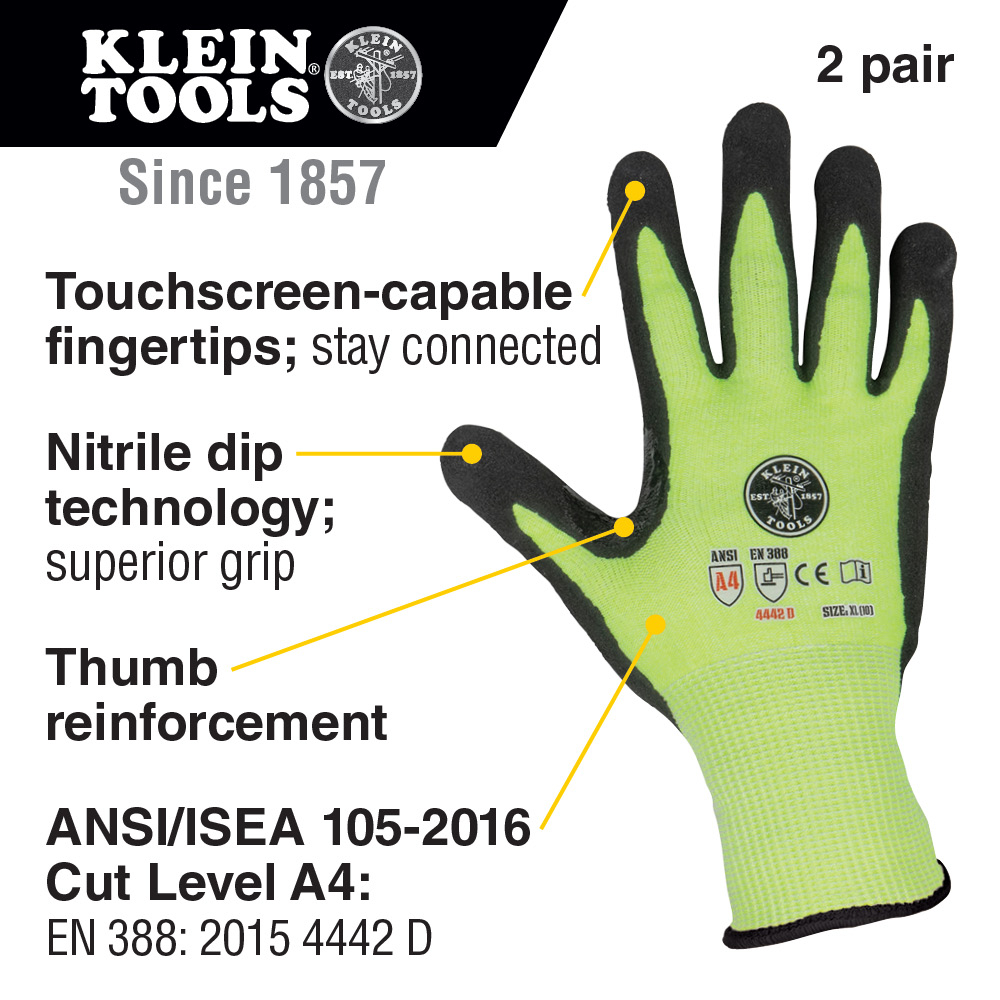 Klein 60198 Work Gloves, Cut Level 4, Touchscreen, X-Large, 2-Pair