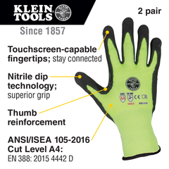 Klein 60198 Work Gloves, Cut Level 4, Touchscreen, X-Large, 2-Pair