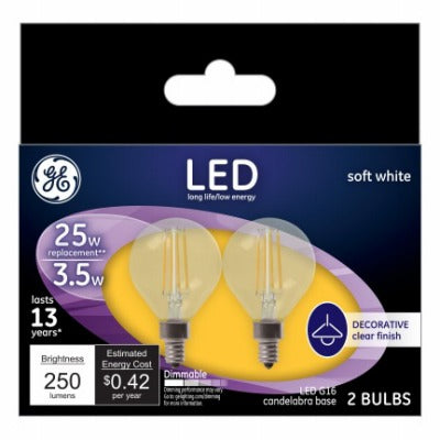 GE G E Lighting 28297 G16 Led Bulb 3.5W 2700K Candelabra 2 Pack