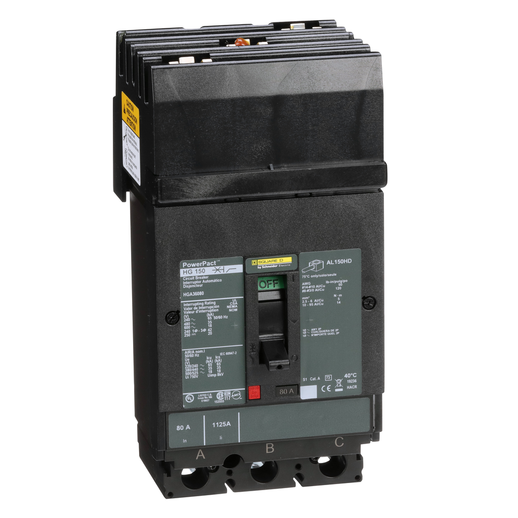 Square D HGA36080 Molded Case Circuit Breaker 80 Amp 600 Volt 18kA I-Line