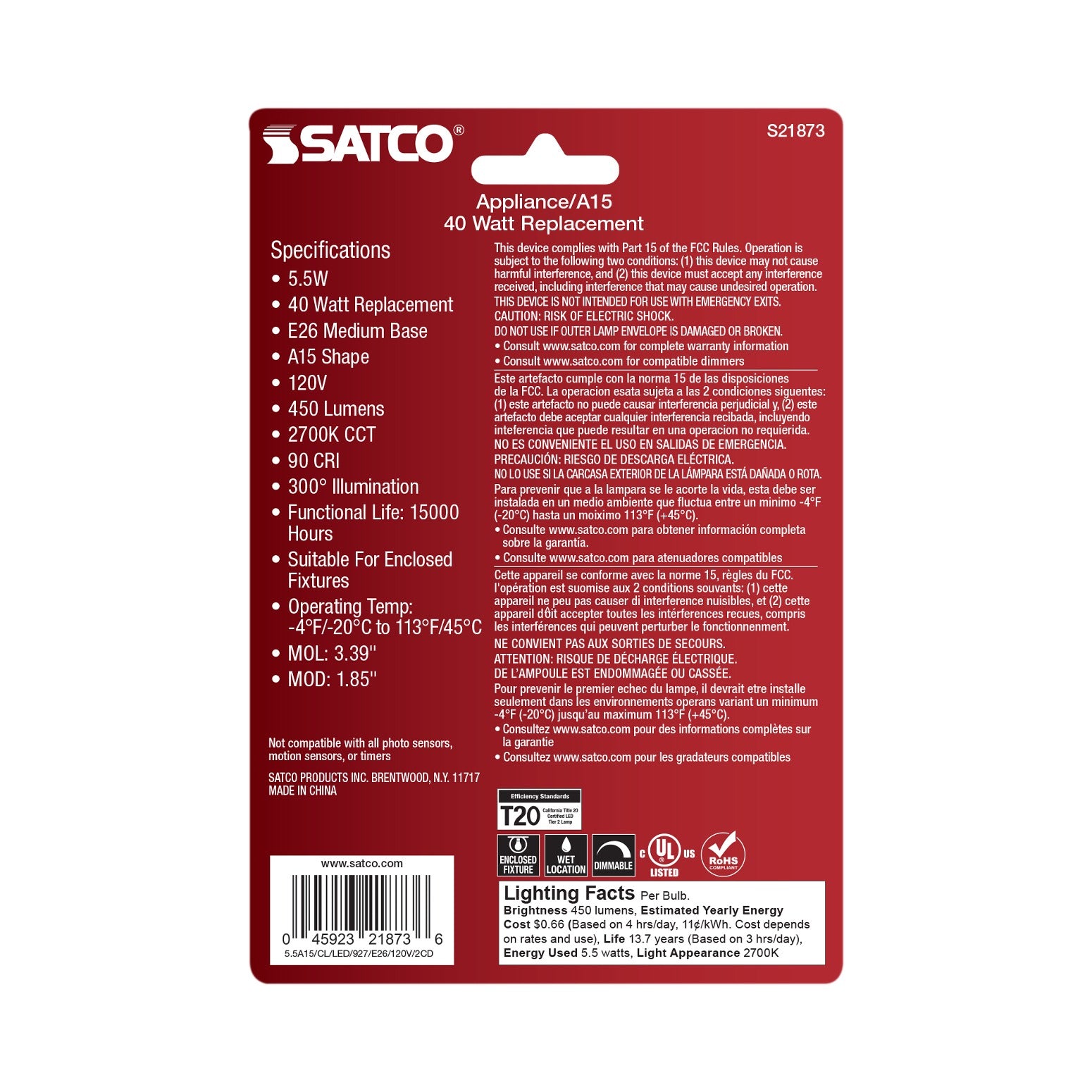 SATCO Satco S21873 A15 LED 5.5W (2 Pack / 300 Degree)