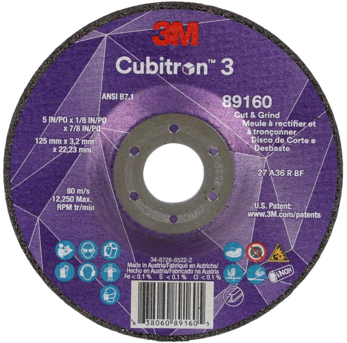 3M 3M 7100305151 Cubitron 3 Cut and Grind Wheel 5 in x 1/8 in x 7/8 in 3MA638060-89160