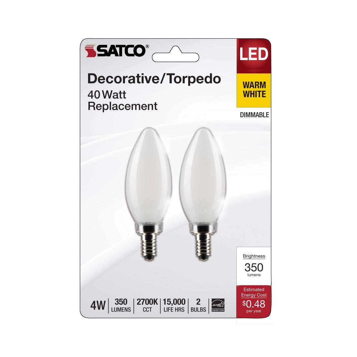 SATCO-NUVO Satco-Nuvo S21823 B11 LED Frosted Candelabra E12 4W (2-Pack)