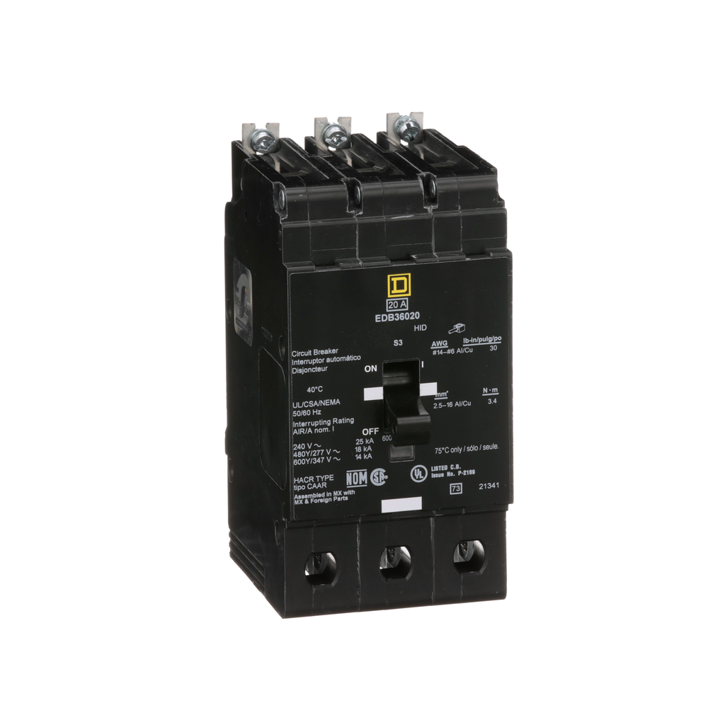 Square D EDB36060 Mini Circuit Breaker 60A 3 Pole 600Y/347VAC 25kA Max