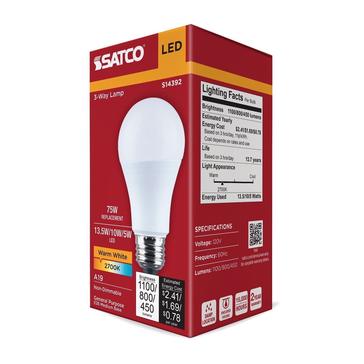 SATCO Satco S14392 3-Way A19 LED Lamp 13.5/10/5W (2.32 in) Replacement S14392