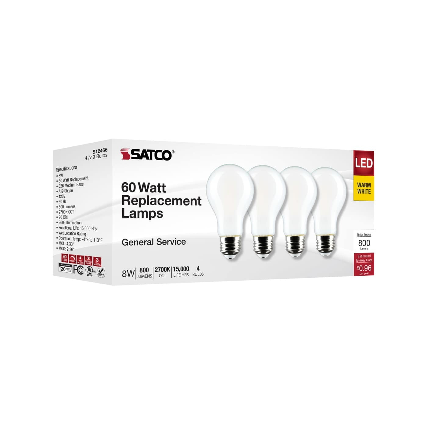 SATCO Satco S12466 8W A19 LED Lamp 4-Pack