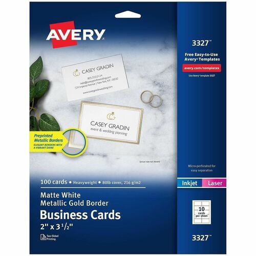AVERY Avery AVE03327 Business Cards Matte White Gold Border 100pk