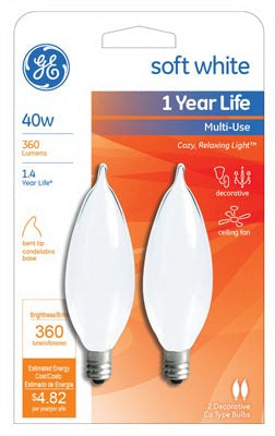 GE G E Lighting 66106 Frosted Bent Tip Candelabra Bulb 40W 2pk