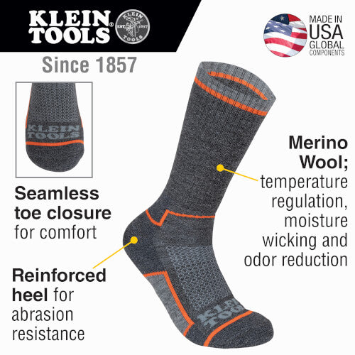 Klein Tools 60509 Performance Thermal Socks Wool X-Large Dark Gray