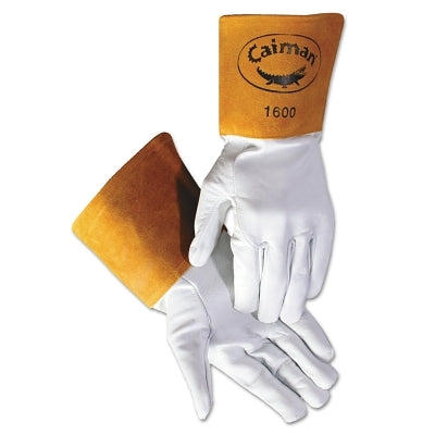 Caiman 1600-M Goat Grain Leather Cowhide Cuff Unlined Welding Gloves Medium White/Gold 4 in Cuff