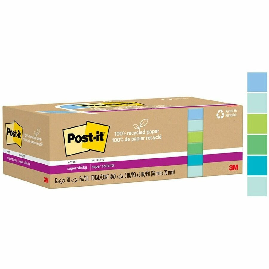 3M 3M MMM654R12SST Post-it Recycled Super Sticky Notes (3 x 3 / 70 Sheets / 12 Pack) 654R12SST