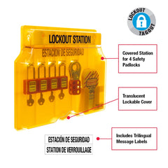 Master Lock 1482BP410 Covered Lockout Tagout Station with 4 Zenex Thermoplastic Padlocks Yellow