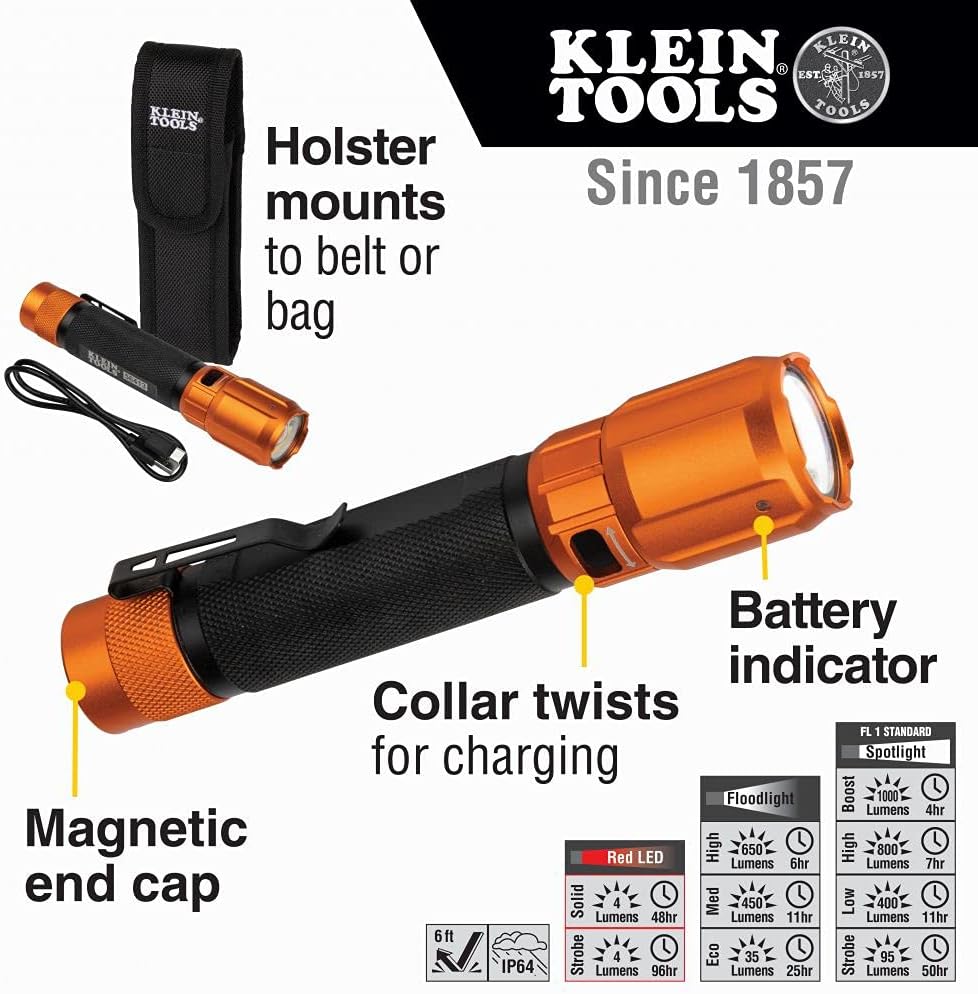 Klein Tools 56413 Rechargeable 2-Color LED Flashlight 1000 Lumens USB Cable