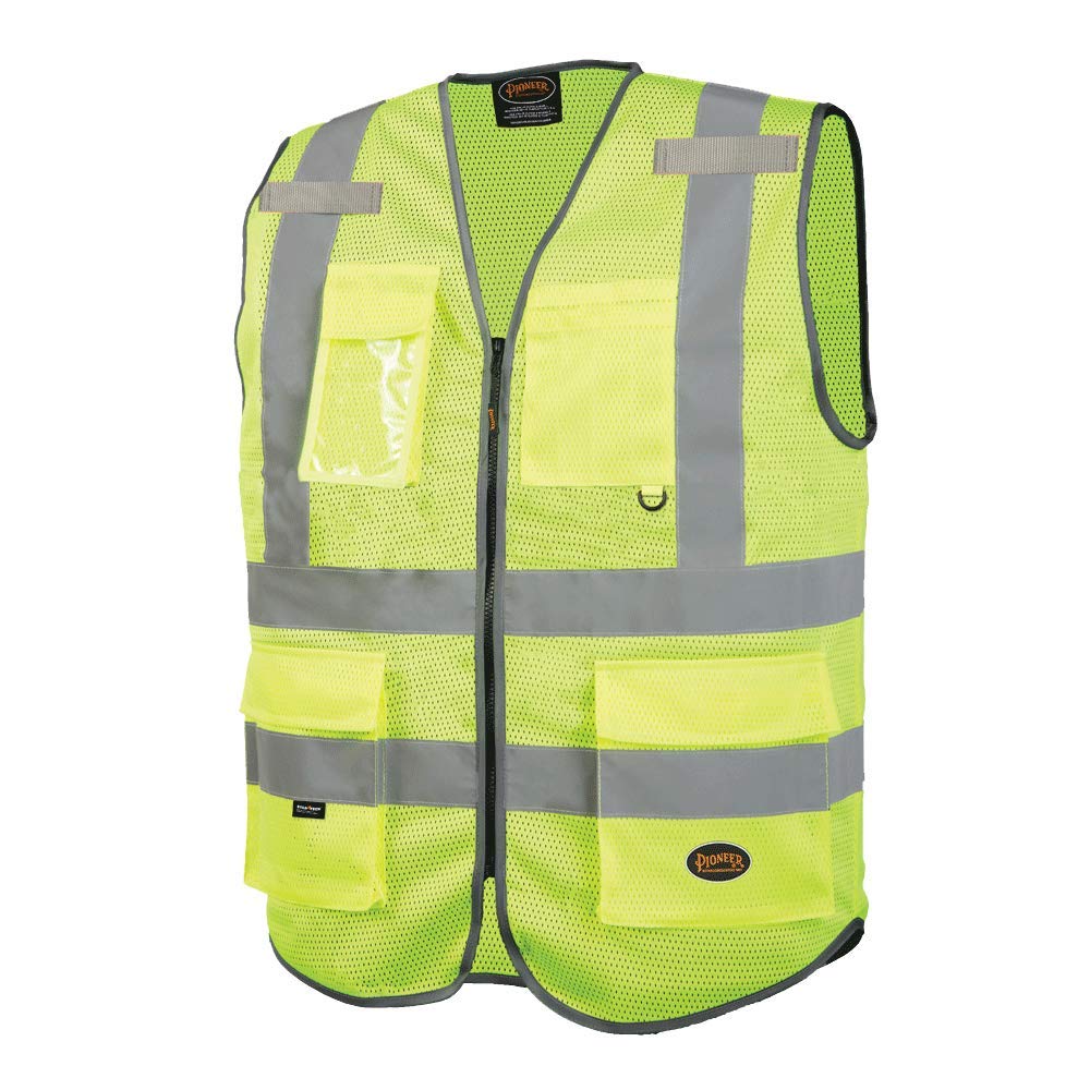 Pioneer V1024860U-3XL Safety Vest for Men Hi Vis Reflective Mesh 9 Pockets Zipper Orange Yellow Green