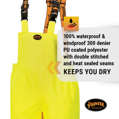 Pioneer V1200461U-XL Ripstop High Visibility Bib Pant Safety Rain Gear Waterproof Reflective Overalls