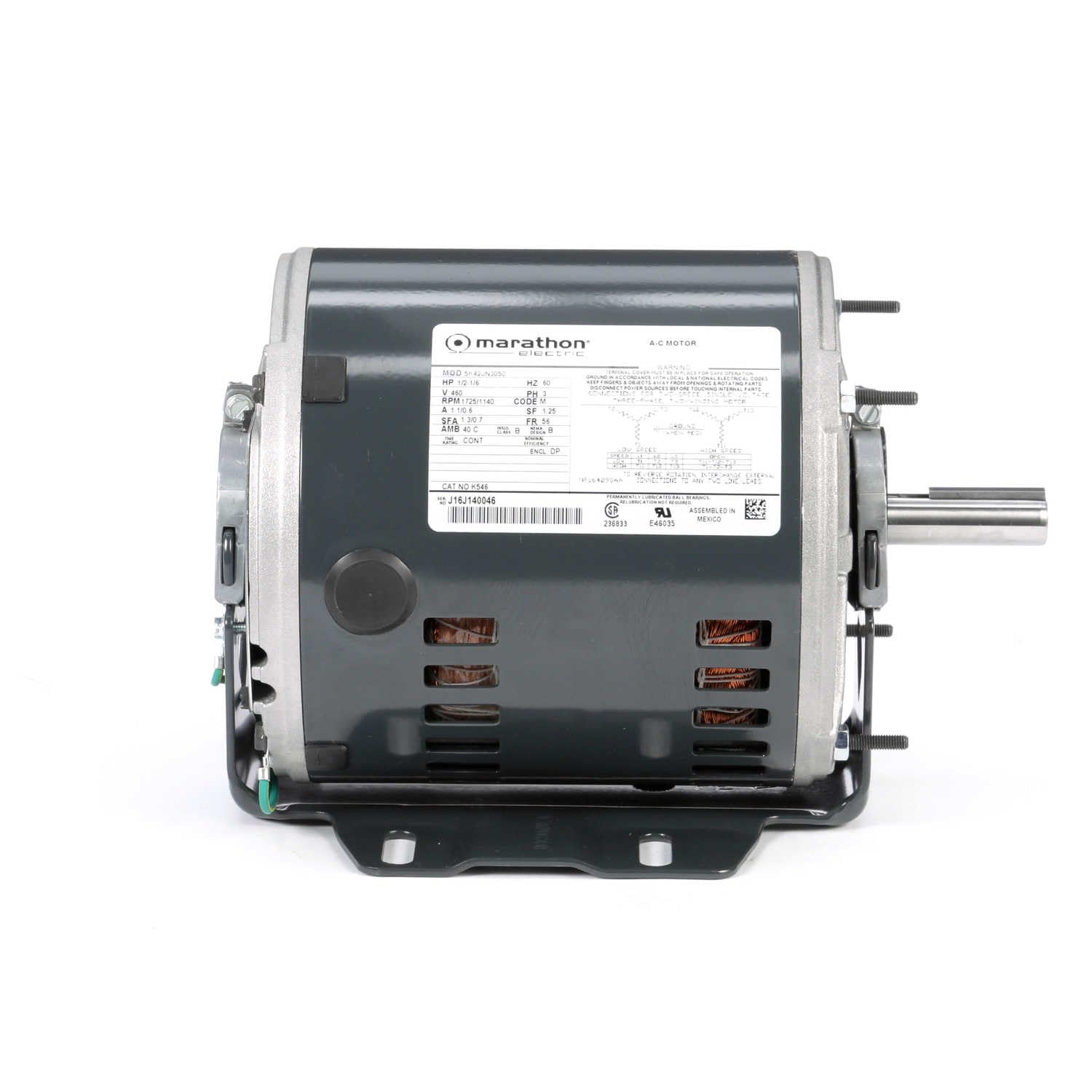 Marathon MX018 48Y Frame Open Air Over 48A11O1350 Direct Drive Motor 1/4 hp 1075 RPM 277 VAC 1 Phase 3 Speeds Ball Bearing Permanent Split Capacitor Thru-Bolt