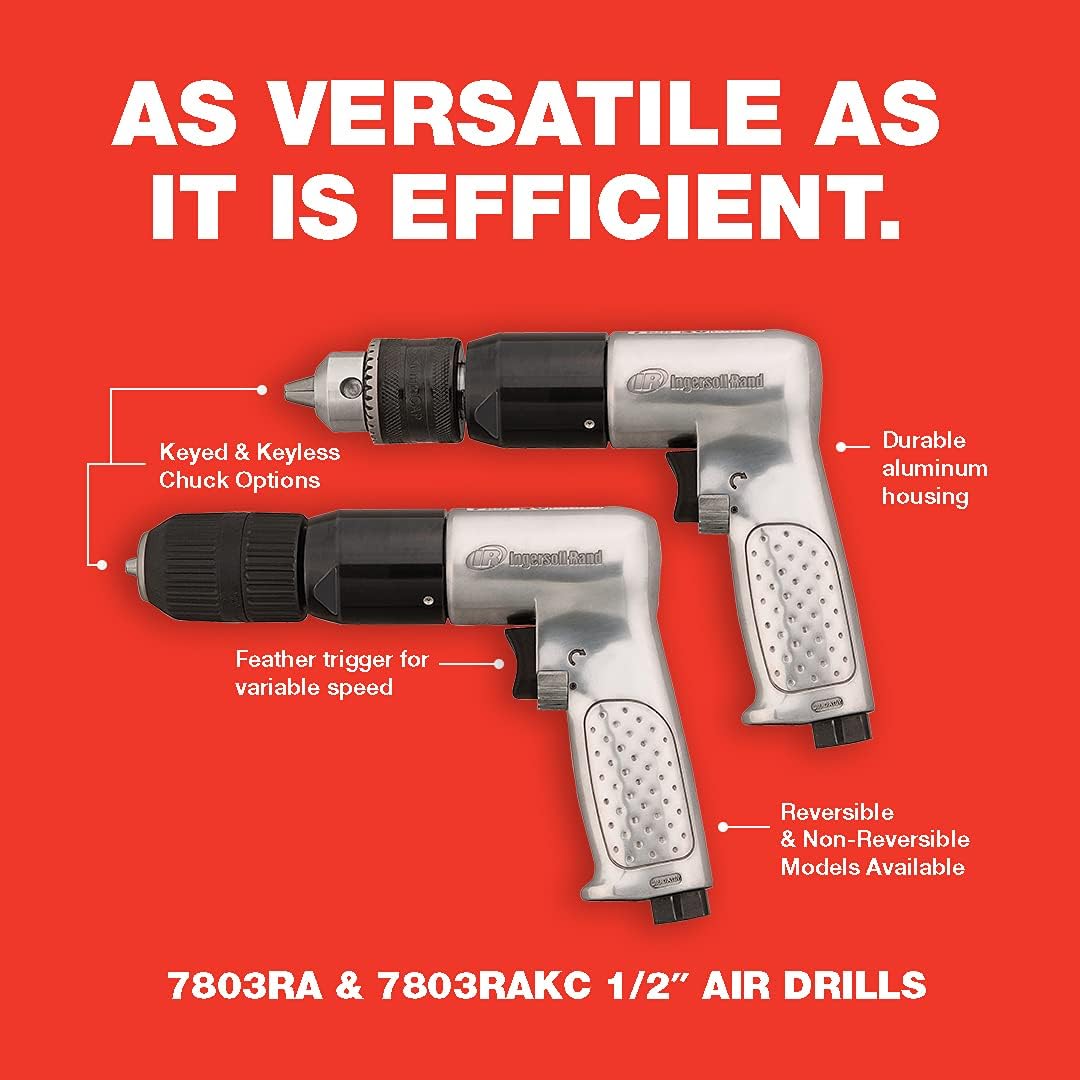 Ingersoll Rand 7803RA 1/2 inch Reversible Pneumatic Air Drill, Heavy Duty, 400 RPM, Variable Speed Throttle, 0.5 HP Motor, Quick Reverse Lever