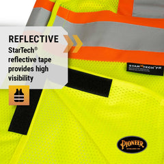 Pioneer V2510860U-2/3XL High Vis Flame Resistant Vest 3 Snap Button Front Mesh Reflective Tape Yellow/Green