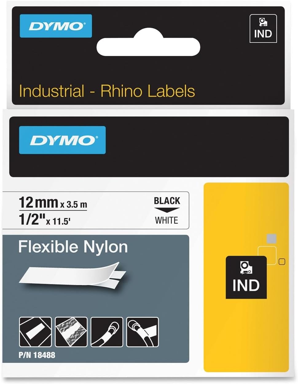 Dymo 18488 Rhino Flexible Nylon Label Tape 1/2 inch 11.5 feet Black Print on White