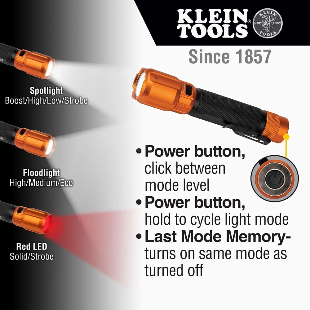 Klein Tools 56413 Rechargeable 2-Color LED Flashlight 1000 Lumens USB Cable