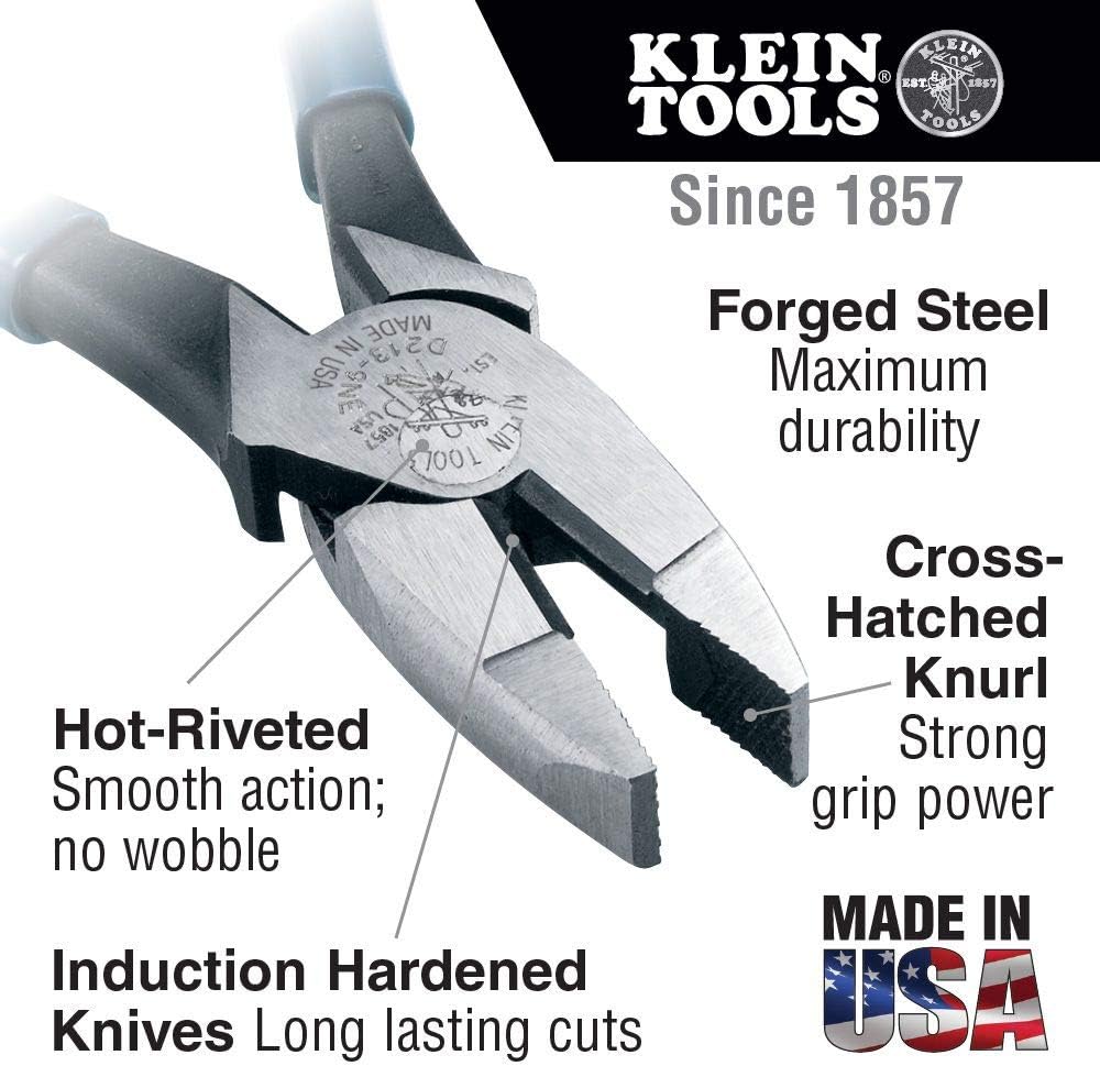 Klein Tools D2000-9NE Side Cutter Linemans Pliers Cut ACSR, Screws, Nails, Hard Wire, 9-Inch