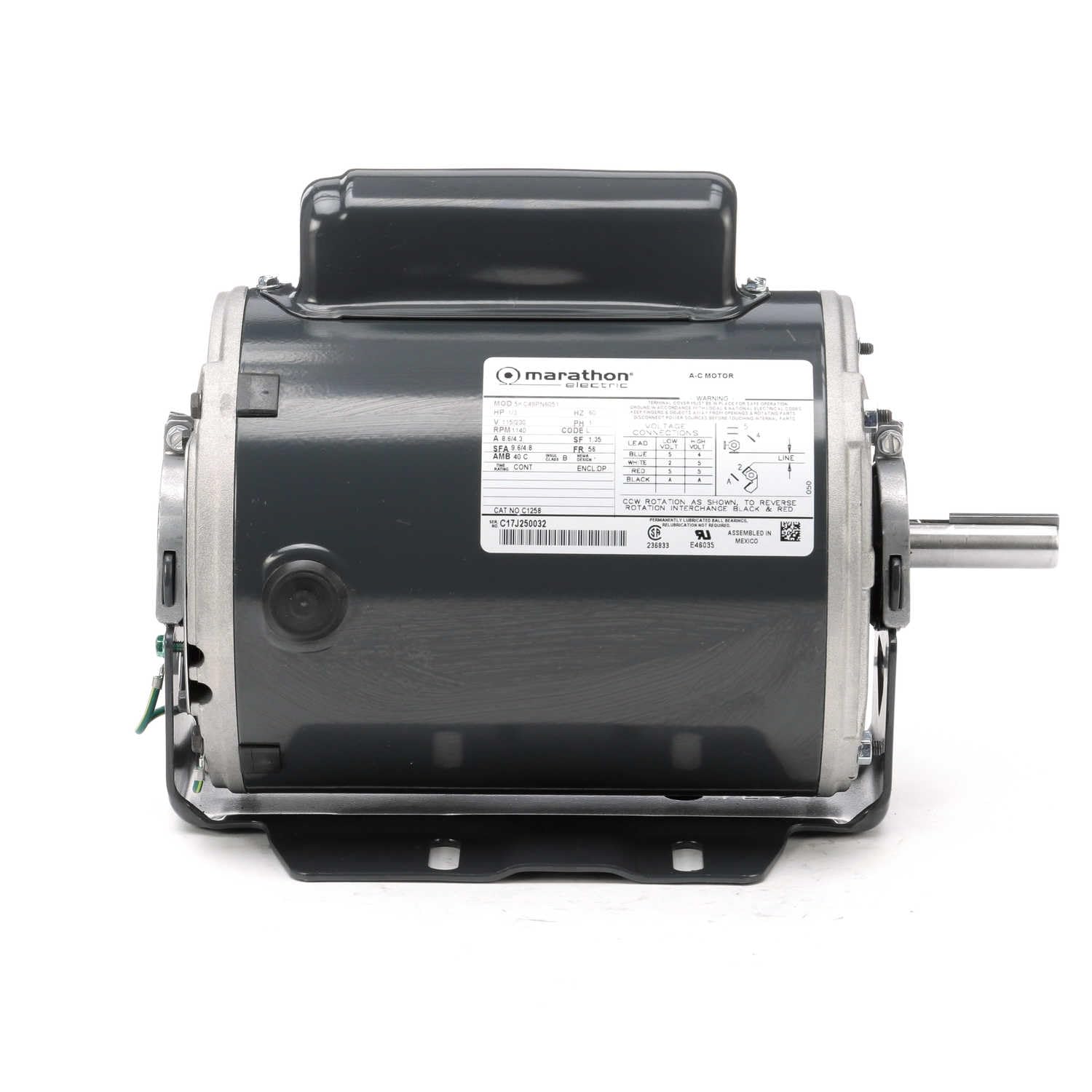 Marathon MC1258 General Purpose Motor 1/3 hp 1200 RPM 115/230 VAC Resilient Base