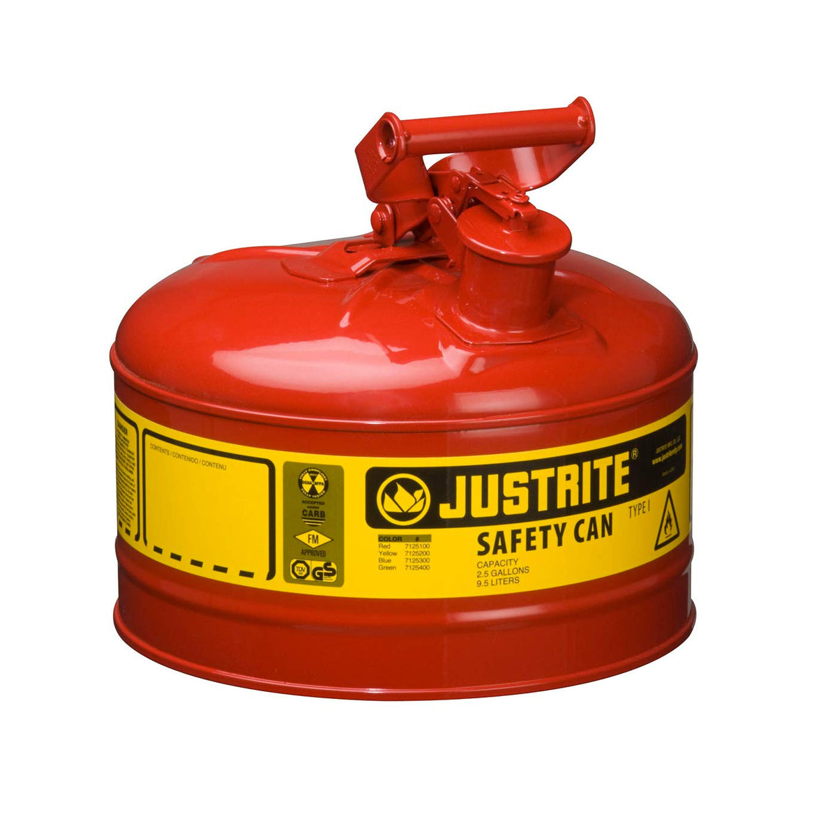 Justrite 7125100 Type I Steel Safety Can with Flame Arrestor and Self-Close Lid 2.5 Gallon Red