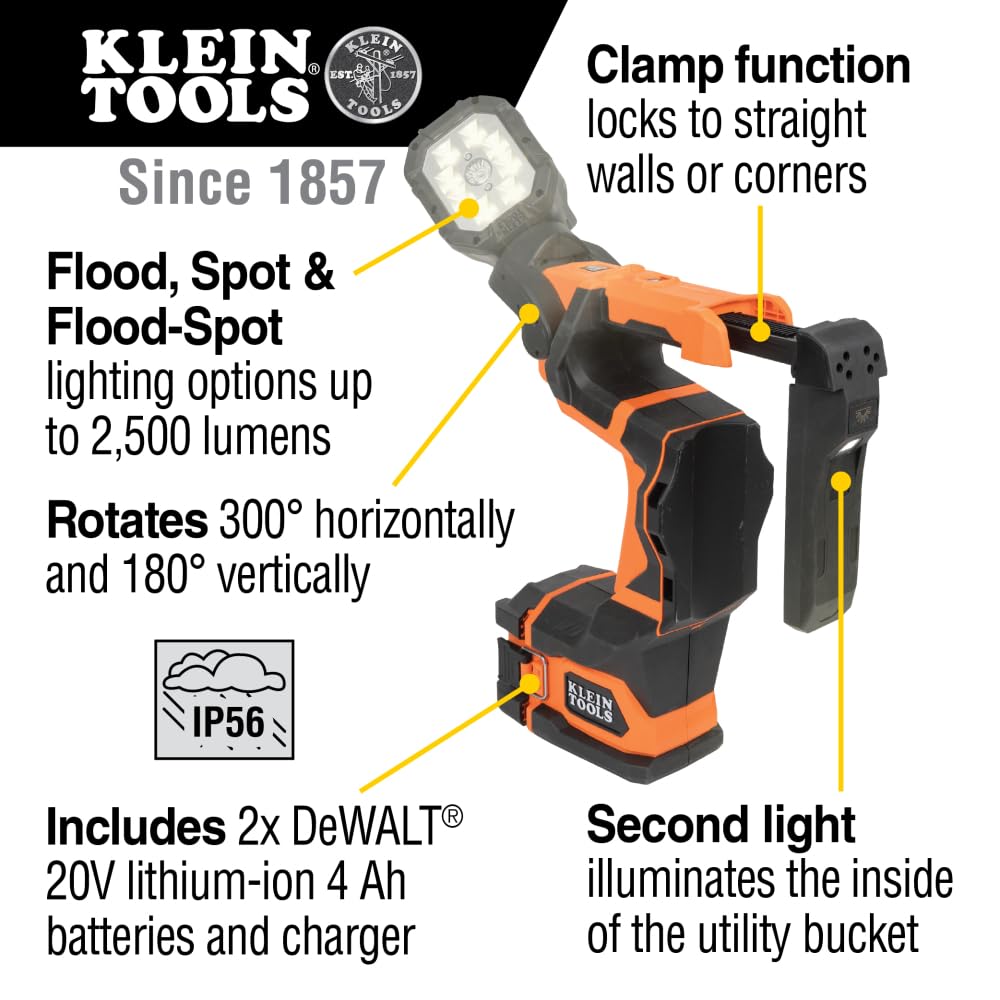 Klein Tools BAT20UBL1 Cordless Utility LED Light Kit Up to 2500 Lumens 4 Ah Batteries and Charger