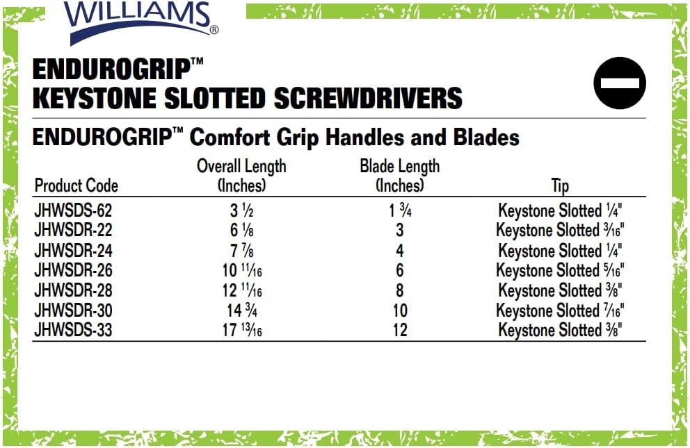 Williams SDR-26 Endurogrip Keystone Slotted 5/16 Inch Tip Screwdriver with Premium Comfort Grip Handles - 6 Inch Blade Length