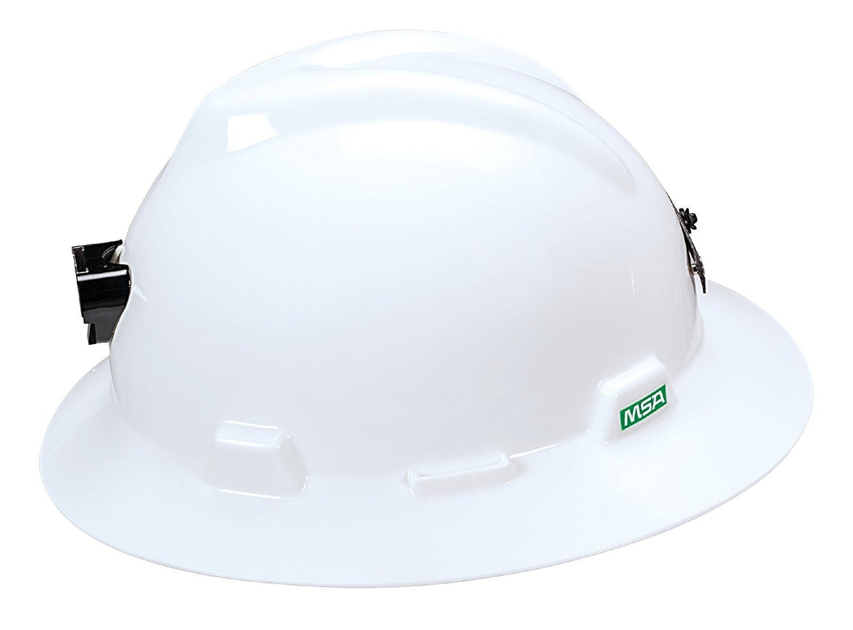 MSA 460069 Polyethylene V-Gard Slotted Full-Brim Hat with Staz-On Suspension, Lamp Bracket and Cord Holder, White, Standard