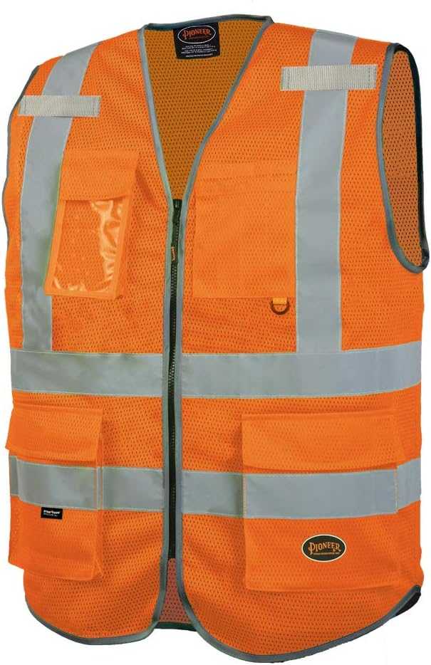 Pioneer V1024850U-L Safety Vest for Men Hi Vis Reflective Mesh Neon 9 Pockets Zipper Construction Traffic Security Work Yellow/Green