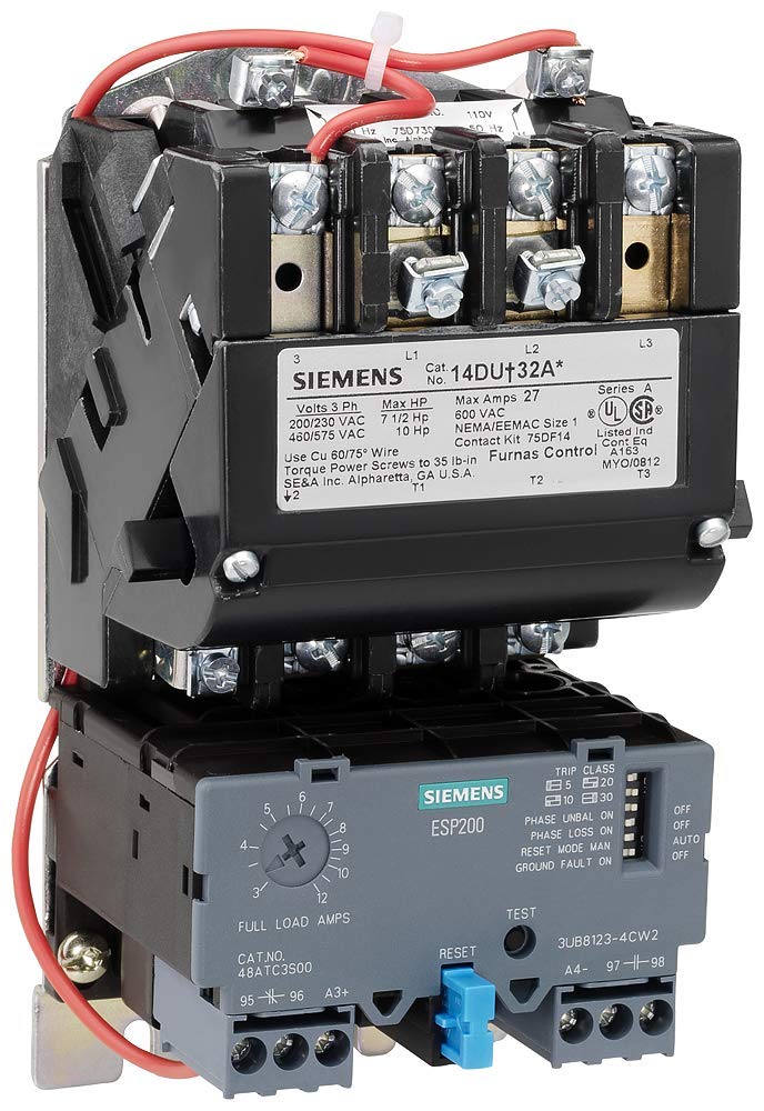 Siemens 14DUD32AF Heavy Duty Motor Starter, Solid State Overload, Auto/Manual Reset, Open Type, Standard Width Enclosure, 3 Phase, 3 Pole, 5.5-22A Amp Range