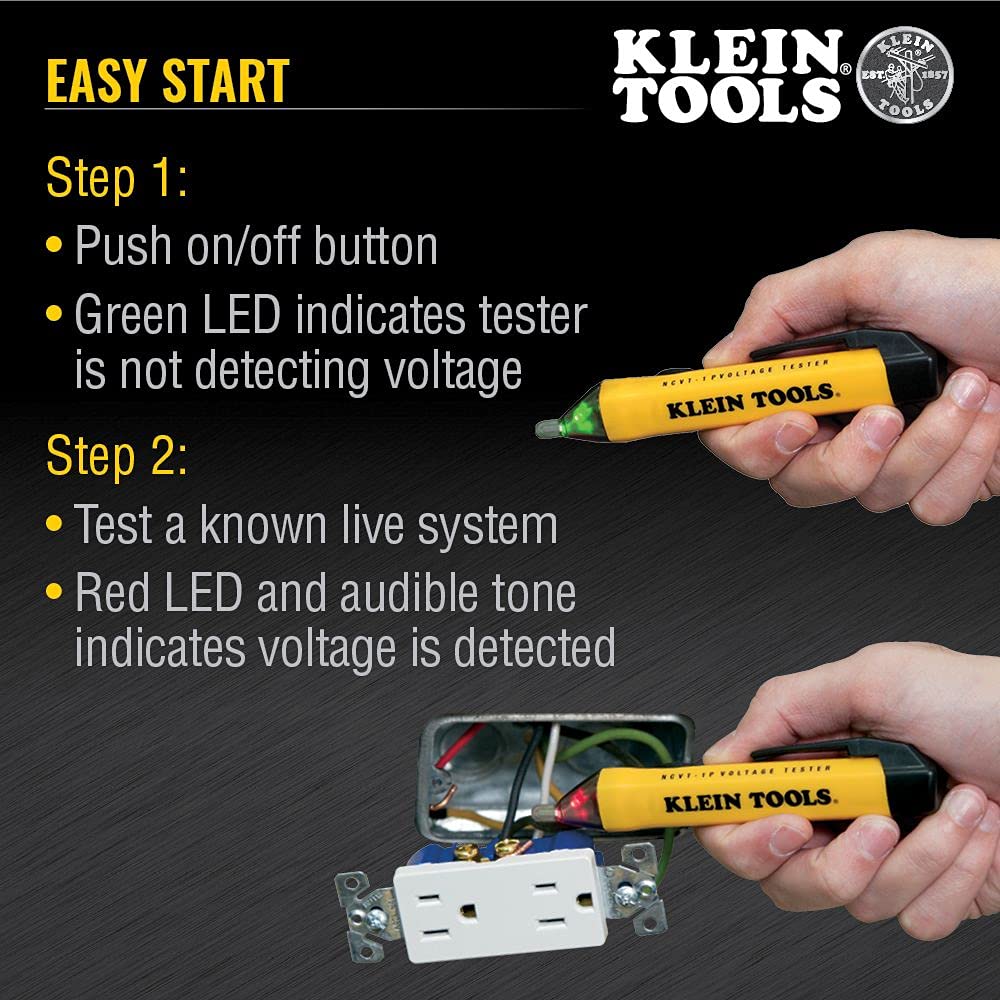 Klein Tools NCVT1P Voltage Tester Non-Contact Voltage Detector Pen 50V to 1000V AC Audible and Flashing LED Alarms Pocket Clip Green Red Yellow