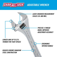 Channellock 810W Adjustable Wrench, 10 in, Chrome, Plain