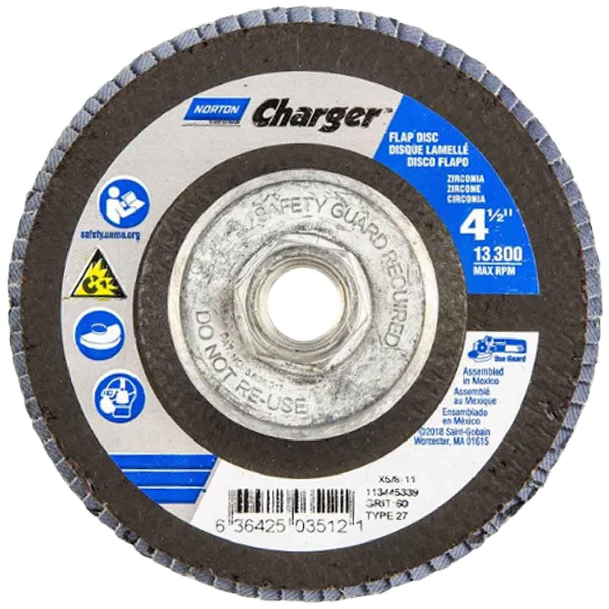 Norton 63642503512 Charger R822 Arbor Thread Fiberglass Flat Flap Discs Coarse P60 Grit 5 Pack