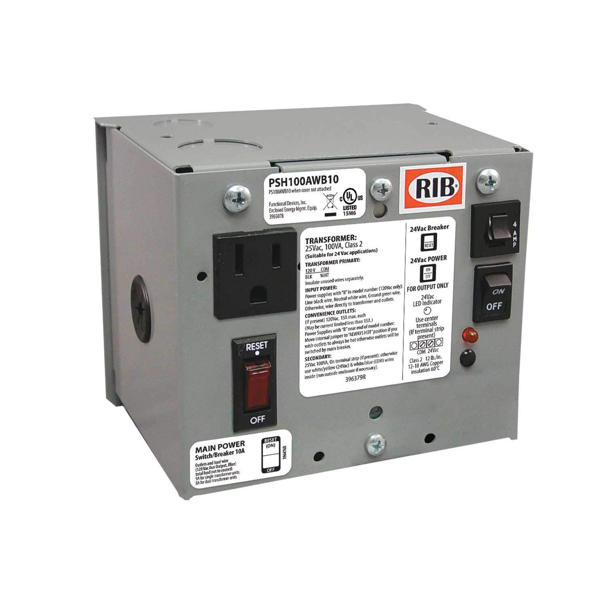 Functional Devices PSH100AWB10 100VA 120 Vac to 24 Vac UL Class 2 Secondary Wires 10 Amp Main Breaker Metal Enclosure