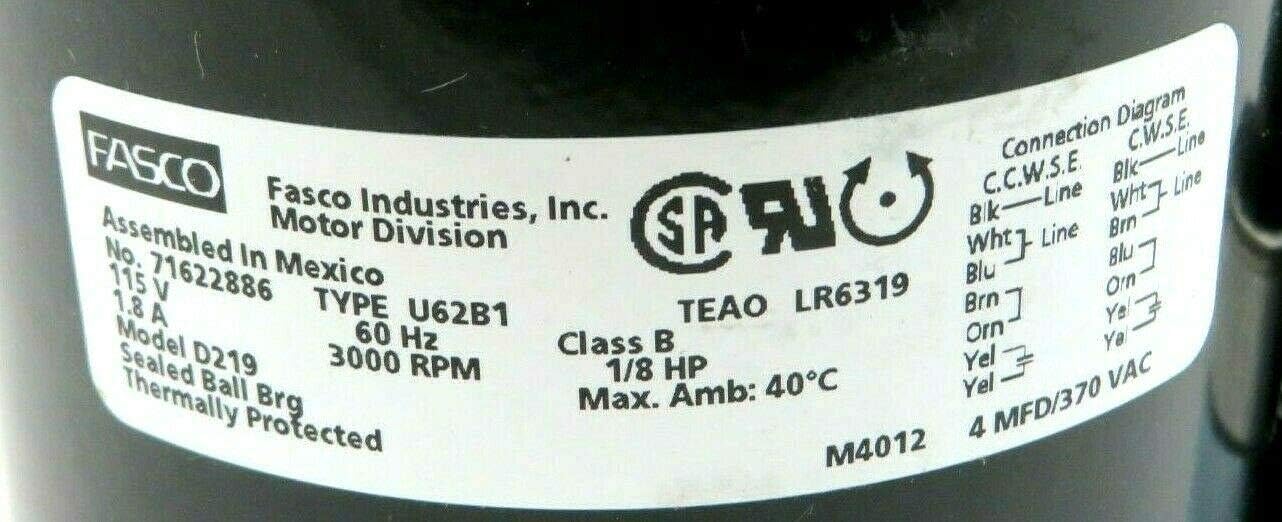 Fasco D219 HVAC Motor 1/8 HP 3000 RPM 115V 3.3 Inch Diameter