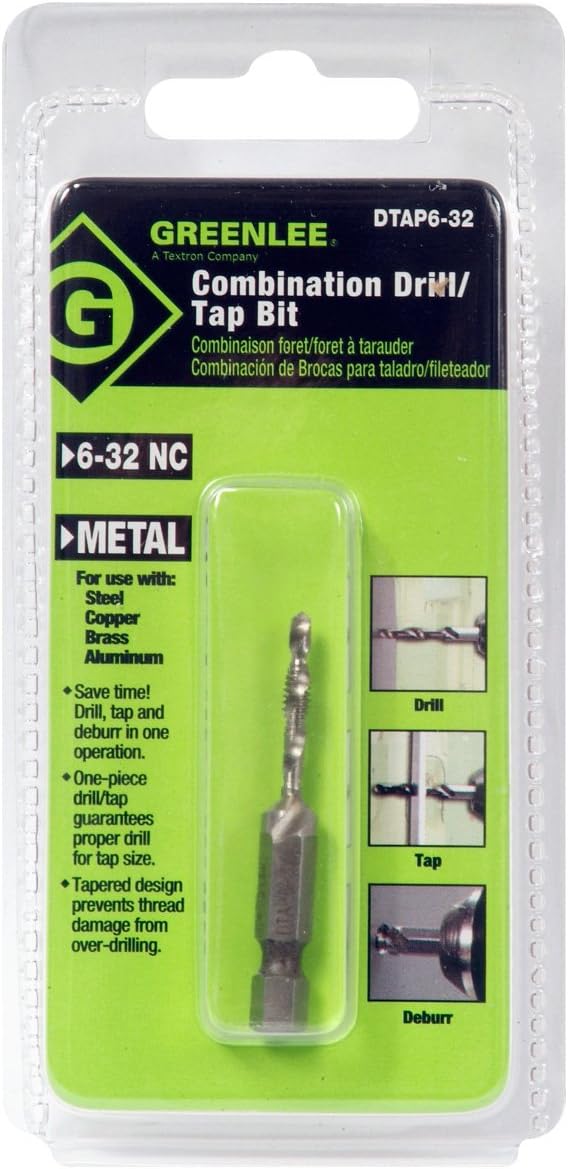 Greenlee DTAP6-32 Combination Drill, Tap, and Deburr Bit with Quick Change Hex, 6-32 NC