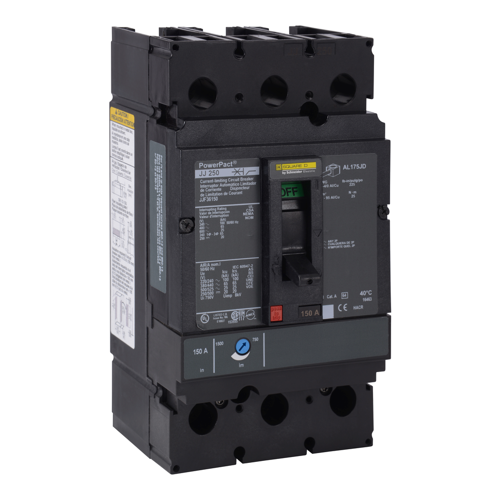 Square D JJL36225C Circuit Breaker, PowerPacT J, 225A, 3 Pole, 600VAC, 25kA