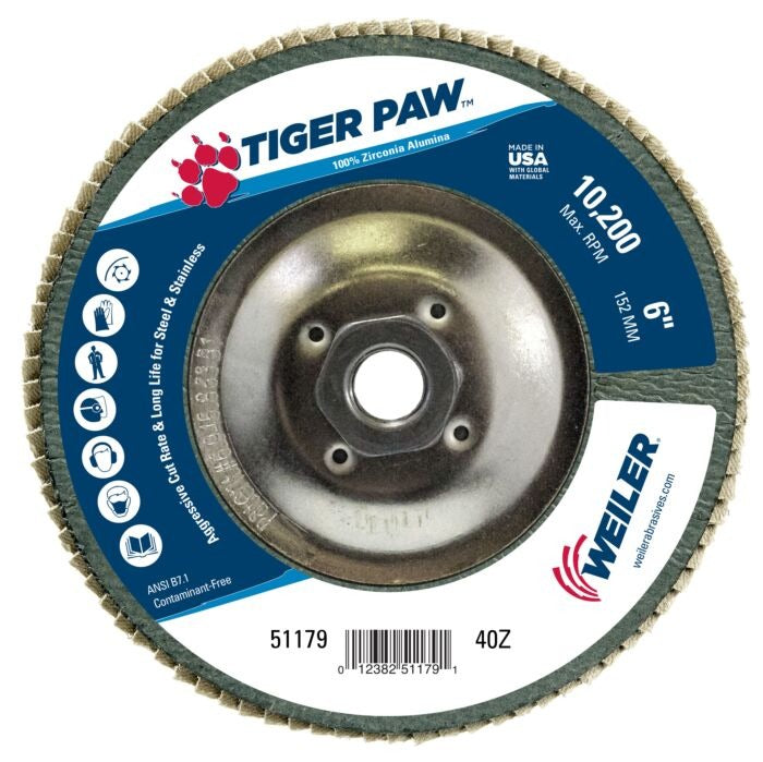 WEILER Weiler 51179 Tiger Paw Flap Disc 6 in 40 Grit